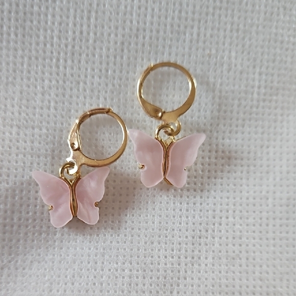 Gold and Pink Butterfly Earrings, NWOT - Picture 1 of 5